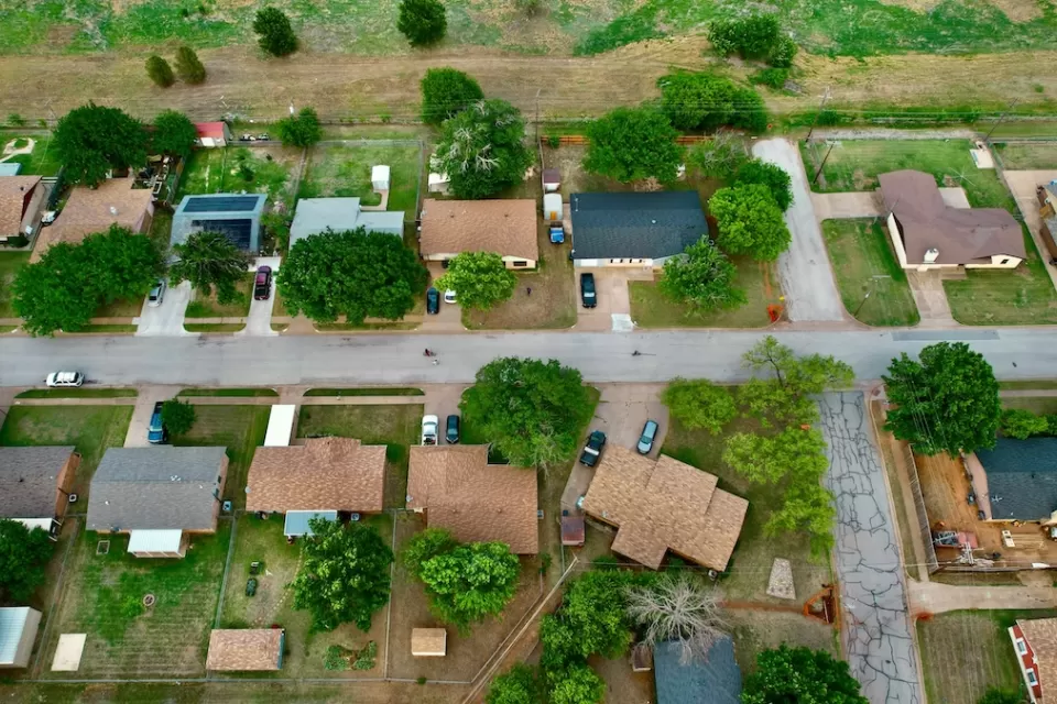 Bird's eye view of homes in Wichita Falls, Texas on a sunny day.